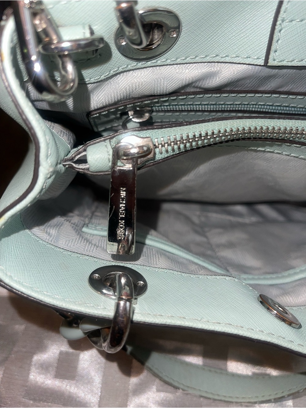 Michael Kors Cynthia Saffiano Leather Satchel with Chain Handles - Celadon - Picture 6 of 15